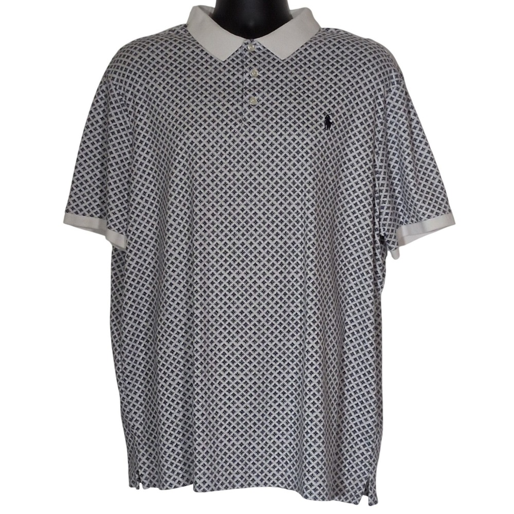 Polo Ralph Lauren Mens XXL Blue White Geometric Diamond Print Polo Shirt Classic